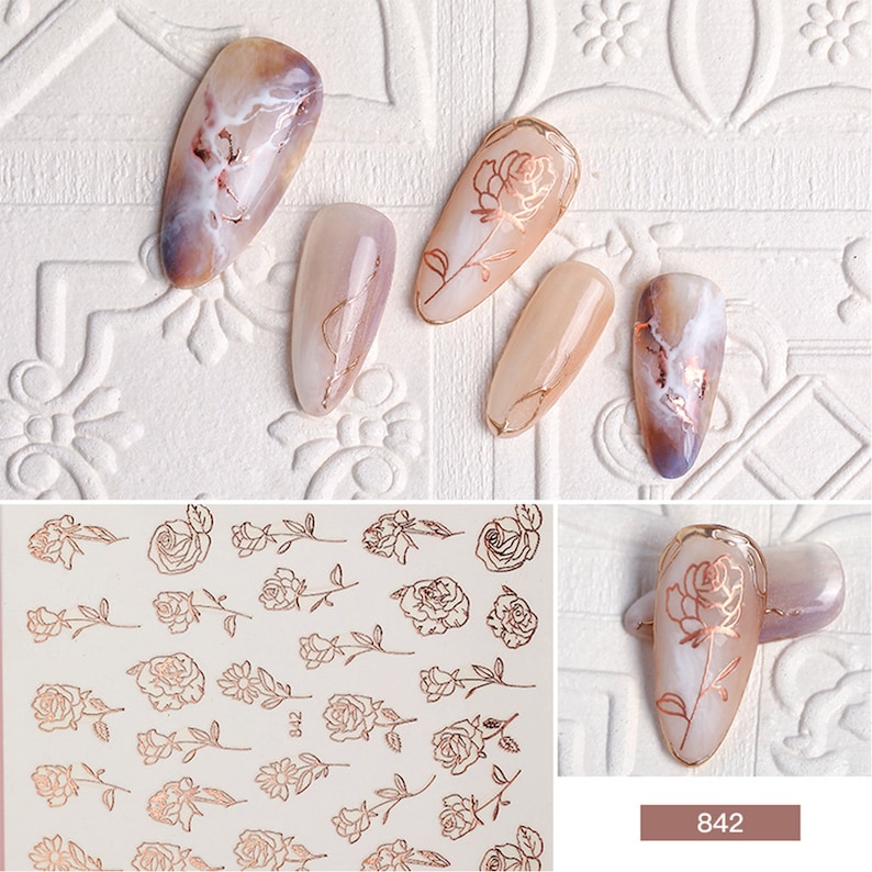 Rose Gold 3D Flowers Roses Nail Stickers Rose Gold Glitter - Etsy