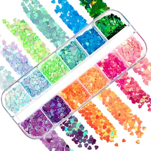 Lantejoulas com glitter para unhas de coração neon | 12 caixas de flocos de nail art 3D | Chips de folha de unha holográfica | Arte de unhas em cor neon Macaron | Unhas dos namorados