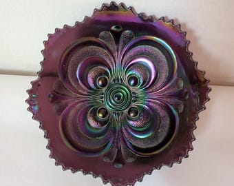 VTG Imperial Purple Amethyst Scroll Embossed Carnival Glass Bowl