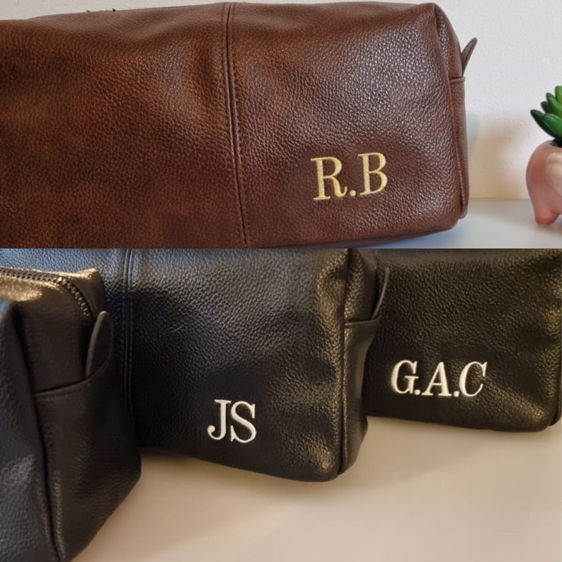 Personalised Embroidered Mens Vegan Leather Wash Bag Toilet Bag Brown/ Black image 4