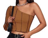 Tan Brown One Shoulder Long Sleeve Ribbed Contrast Stitch Lace Up Crop Top