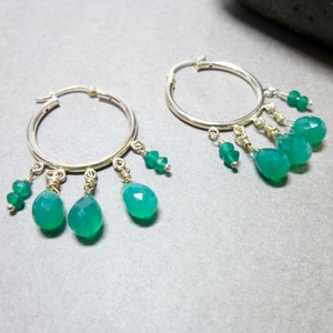 Green Onyx Hoop Earrings, Green Boho Earrings, Sterling Silver Hoops, Gift for Her, Hoops with Gemstone Dangles image 3