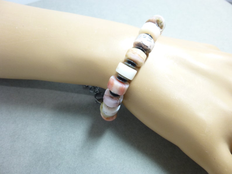 Pink Peruvian Opals and Natural Hematite Boho Style Unisex Bracelet with A Sterling Silver Clasp, for Men or Women zdjęcie 8