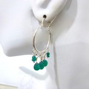 Green Onyx Hoop Earrings, Green Boho Earrings, Sterling Silver Hoops, Gift for Her, Hoops with Gemstone Dangles image 2