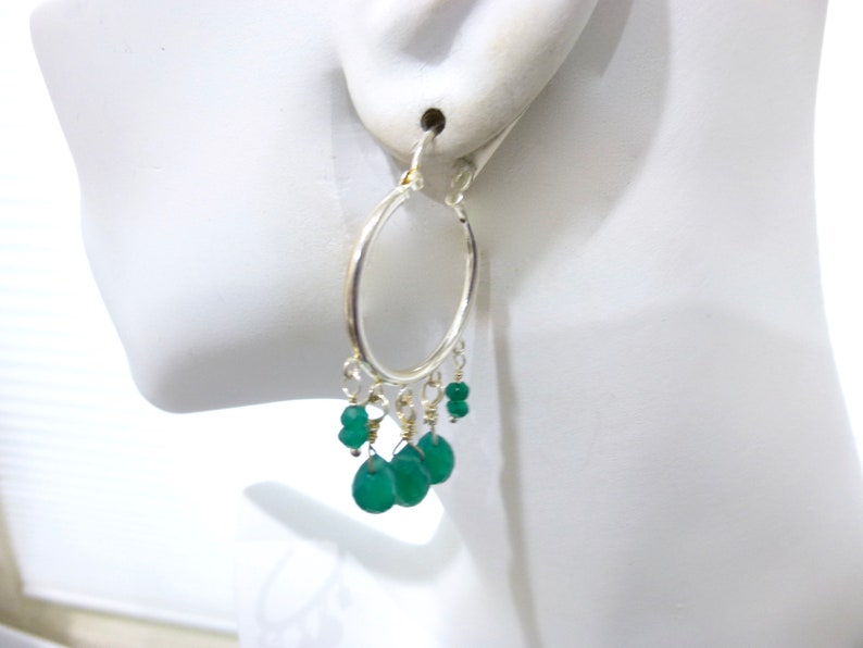 Green Onyx Hoop Earrings, Green Boho Earrings, Sterling Silver Hoops, Gift for Her, Hoops with Gemstone Dangles image 2