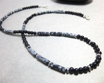 Black Onyx, Snowflake Obsidian, Hematite Necklace, Everyday Men's Beaded Necklace, Boho Unisex Necklace, Black Beaded Necklace