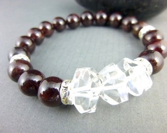 Deep Garnet & Rock Crystal Quartz Bracelet, Artisan Boho Bracelet, Garnet Stretch Bracelet, Stone of Luck