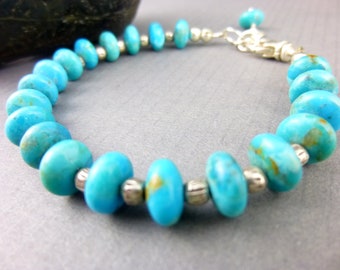 Kingman Turquoise Bracelet, Southwestern Style Turquoise Bracelet, Native American Style Jewelry, Sterling Silver Clasp