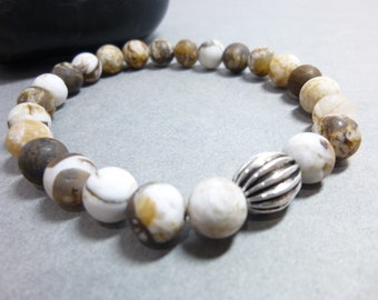 Fossilized Wood Opal Bracelet, Unisex Stretch Bracelet, Neutral Bracelet for Him or Her, Unique Stone Bracelet, Ready to Ship