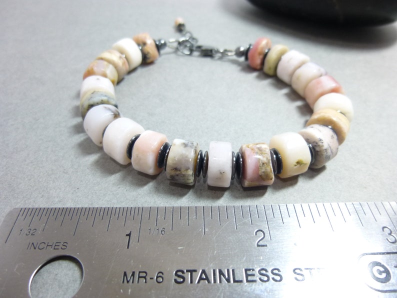 Pink Peruvian Opals and Natural Hematite Boho Style Unisex Bracelet with A Sterling Silver Clasp, for Men or Women zdjęcie 4