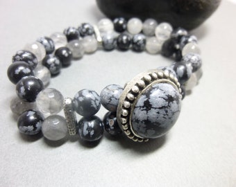 Snowflake Obsidian Stretch Bracelet, Obsidian and Cloud Quartz Boho Bracelet, 2-Strand Bracelet, Large Cabochon Bracelet, Unisex Bracelet