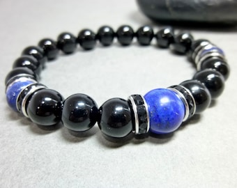 Lapis Lazuli Stretch Bracelet, Black Onyx, Boho Beaded Bracelet, Blue and Black Bracelet, Bohemian Style, Trending Now