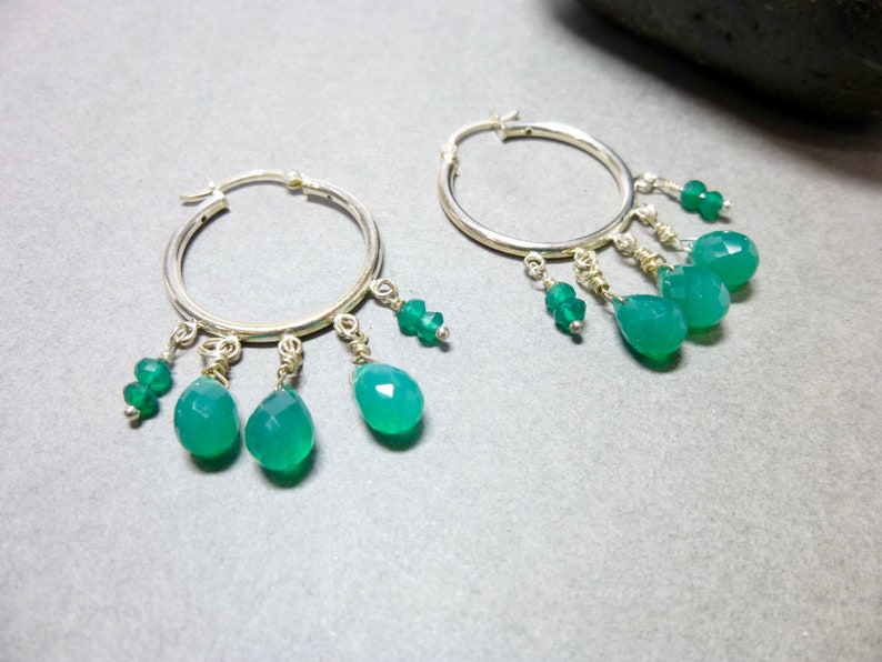 Green Onyx Hoop Earrings, Green Boho Earrings, Sterling Silver Hoops, Gift for Her, Hoops with Gemstone Dangles image 5