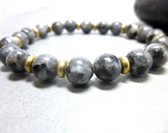 Black Labradorite Stretch Bracelet, Brass Accent Beads, Boho Bling, Unisex Bracelet, Men's Bracelet, Women's Bracelet, Stimulates Creativity