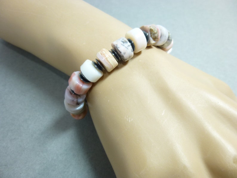 Pink Peruvian Opals and Natural Hematite Boho Style Unisex Bracelet with A Sterling Silver Clasp, for Men or Women image 3