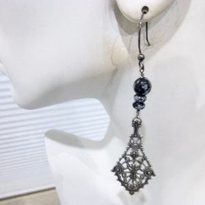 Snowflake Obsidian Long Dangle Earrings, Black and Gray Stone Dangles, Boho Style Gift for Her, Calms and Soothes image 2