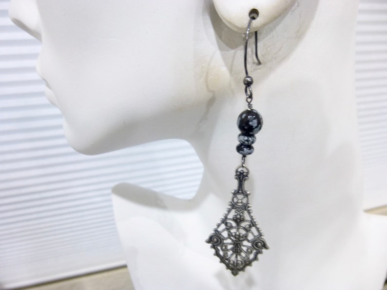 Snowflake Obsidian Long Dangle Earrings, Black and Gray Stone Dangles, Boho Style Gift for Her, Calms and Soothes image 2