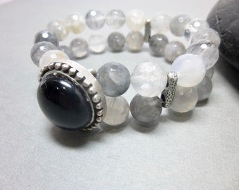 Black and Gray Stretch Bracelet With Onyx and Quartz Gemstones, Boho Two-Strand Bracelet With Calming Energy