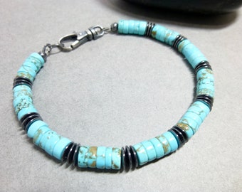 Natural Turquoise, Hematite Bracelet, Southwest Style Boho Bracelet, Heishi Turquoise Bracelet, December Birthstone, Unisex Bracelet