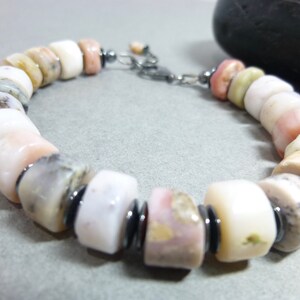 Pink Peruvian Opals and Natural Hematite Boho Style Unisex Bracelet with A Sterling Silver Clasp, for Men or Women image 2