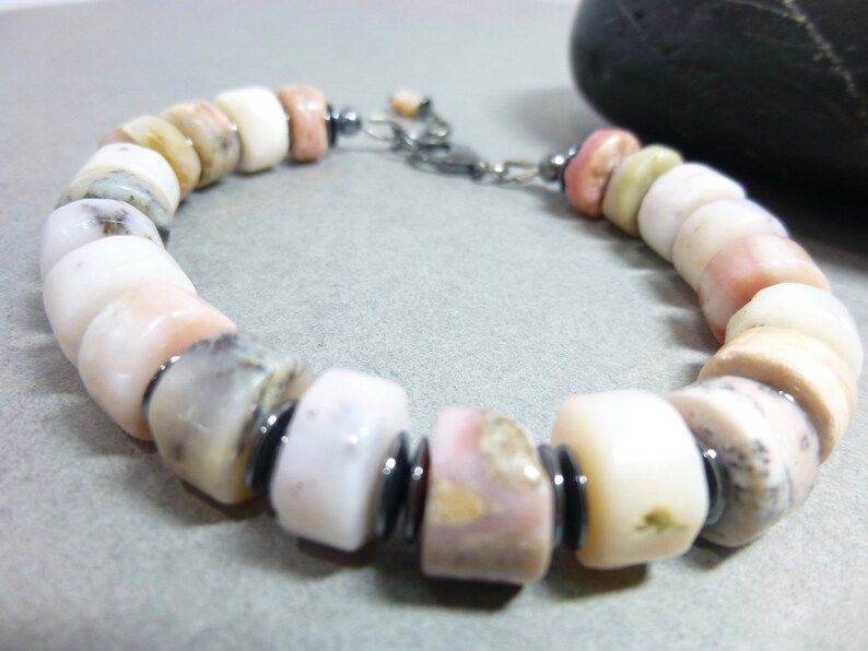 Pink Peruvian Opals and Natural Hematite Boho Style Unisex Bracelet with A Sterling Silver Clasp, for Men or Women image 2