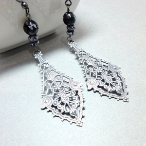 Snowflake Obsidian Long Dangle Earrings, Black and Gray Stone Dangles, Boho Style Gift for Her, Calms and Soothes image 3