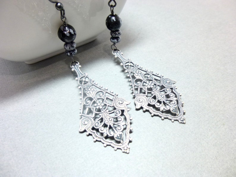 Snowflake Obsidian Long Dangle Earrings, Black and Gray Stone Dangles, Boho Style Gift for Her, Calms and Soothes image 3