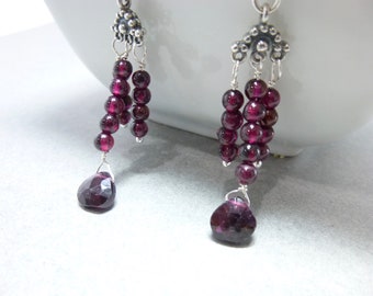 Genuine Garnet Drop Earrings, Boho Red Garnet Dangles, Garnet and Sterling Silver Earrings, January Birthstone Earrings