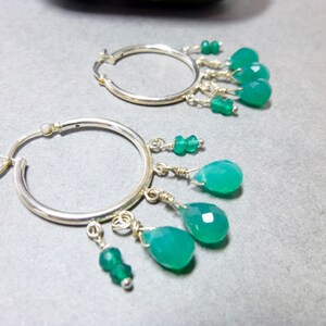 Green Onyx Hoop Earrings, Green Boho Earrings, Sterling Silver Hoops, Gift for Her, Hoops with Gemstone Dangles image 1