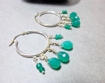 Green Onyx Hoop Earrings, Green Boho Earrings, Sterling Silver Hoops, Gift for Her, Hoops with Gemstone Dangles