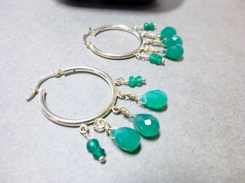 Green Onyx Hoop Earrings, Green Boho Earrings, Sterling Silver Hoops, Gift for Her, Hoops with Gemstone Dangles image 1