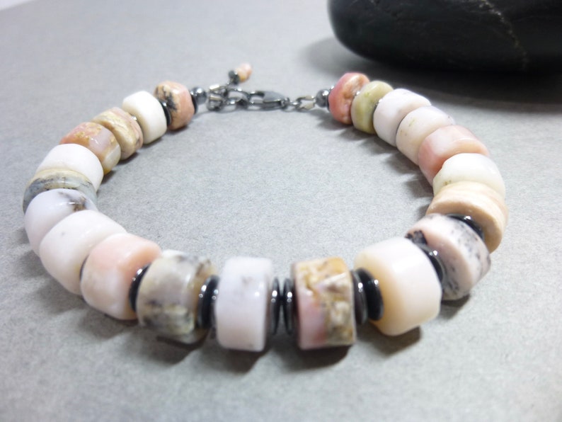 Pink Peruvian Opals and Natural Hematite Boho Style Unisex Bracelet with A Sterling Silver Clasp, for Men or Women image 6