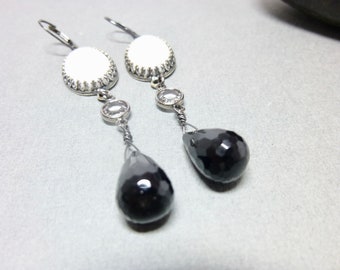 Black and White Long Dangle Earrings, Onyx and Howlite Boho Earrings, Sterling Silver, Gemstone Bezel Earrings, Swarovski Crystals
