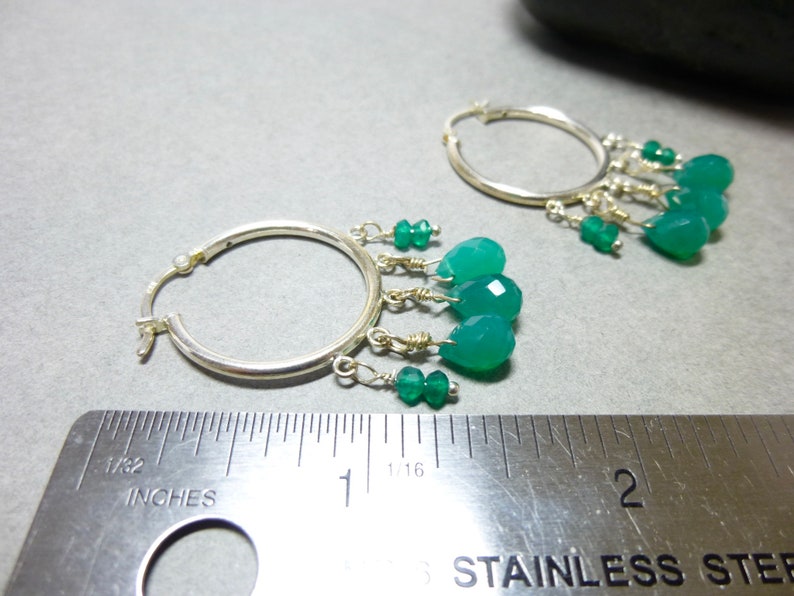 Green Onyx Hoop Earrings, Green Boho Earrings, Sterling Silver Hoops, Gift for Her, Hoops with Gemstone Dangles image 4