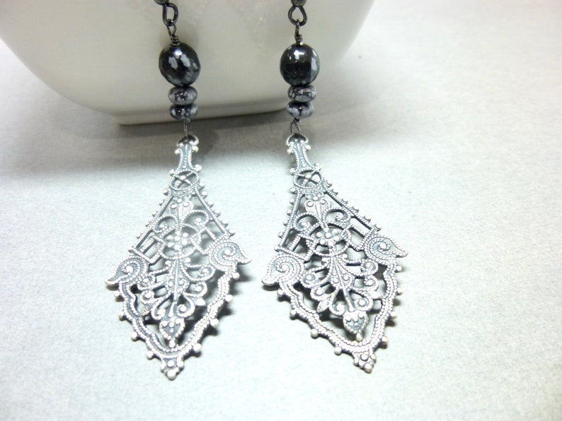 Snowflake Obsidian Long Dangle Earrings, Black and Gray Stone Dangles, Boho Style Gift for Her, Calms and Soothes image 7