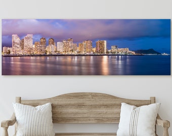 Oahu Hawaii Photography - Waikiki Honolulu Night - Diamond Head - Panorama Canvas Print - Landscape Wall Art and Home Decor - Fine Art Print