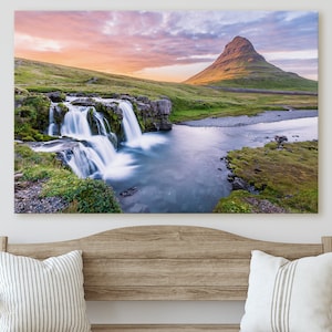 Iceland Photography - Kirkjufell Mountain Waterfall Sunset - Canvas, Metal, Paper Print - Landscape Wall Art and Home Decor - Fine Art Print