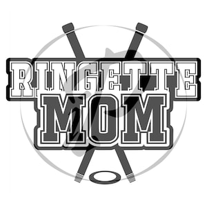 May include: Black and white graphic design with the text "Ringette Mom" and two crossed hockey sticks with a puck at the bottom.