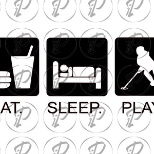 May include: Black and white graphic with three squares. The first square shows a hamburger, a glass of liquid with a straw, and the word "EAT". The second square shows a bed with a person sleeping in it and the word "SLEEP". The third square shows a person playing disc golf and the word "PLAY".
