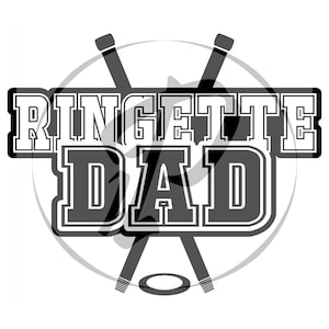 May include: Black and white graphic design with the text "Ringette Dad" and two crossed hockey sticks with a puck at the bottom.