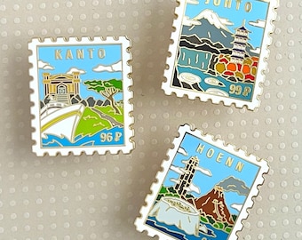 Pokemon Region Stamp Pins - KANTO, JOHTO, HOENN