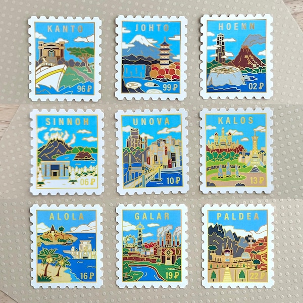 Pkmn Region Stamp Stickers - Kanto, Johto, Hoenn, Sinnoh, Unova, Kalos, Alola, Galar, Paldea