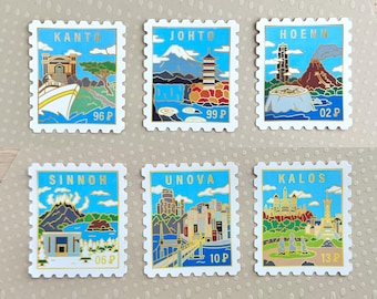 Pegatinas de sellos de la región Pkmn - Kanto, Johto, Hoenn, Sinnoh, Unova, Kalos