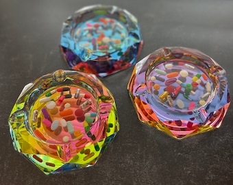 Crystal Iridescent Chill Pill Ashtray - Faceted Circle