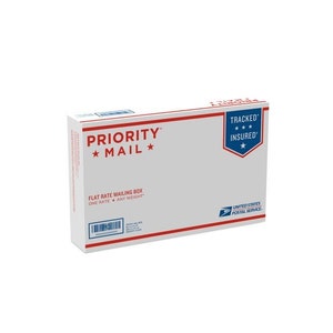 May include: White Priority Mail flat rate mailing box with a blue and red "Tracked & Insured" label. The box is for shipping items through the United States Postal Service.
