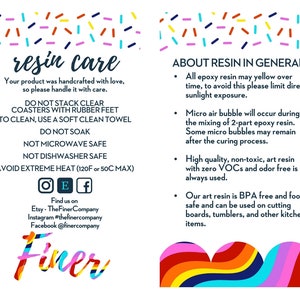 Może przedstawiać: Instrukcje dotyczące pielęgnacji żywicy na tle tęczy. Tekst głosi "resin care" i zawiera informacje o tym, jak dbać o produkty żywiczne, takie jak unikanie ekstremalnego ciepła i niemoczenie. Tekst zawiera r&oacute;wnież informacje o żywicy w og&oacute;le, takie jak jej tendencja do ż&oacute;łknięcia z czasem i obecność mikroskopijnych pęcherzyk&oacute;w powietrza. Tekst zawiera r&oacute;wnież informacje o tym, gdzie można znaleźć firmę w Internecie, podając linki do jej stron na Etsy, Instagramie i Facebooku.