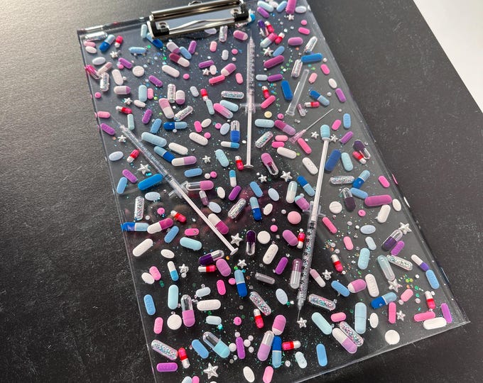 Chill Pill Clipboard with Pastel Pills With Syringes, Glitter & Stars