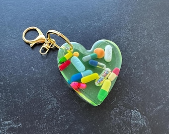 Neon Heart Chill Pill Keychain - Green