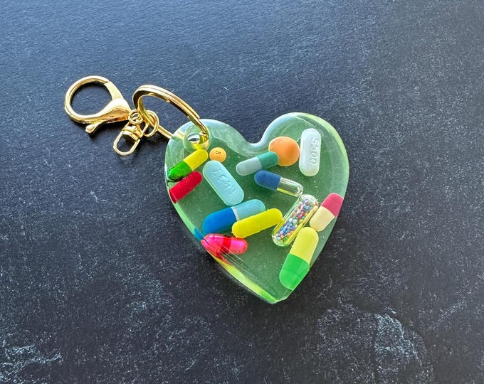 Neon Heart Chill Pill Keychain - Green