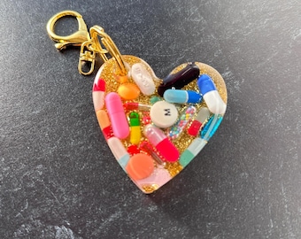 Heart Chill Pill Keychain - Gold Glitter